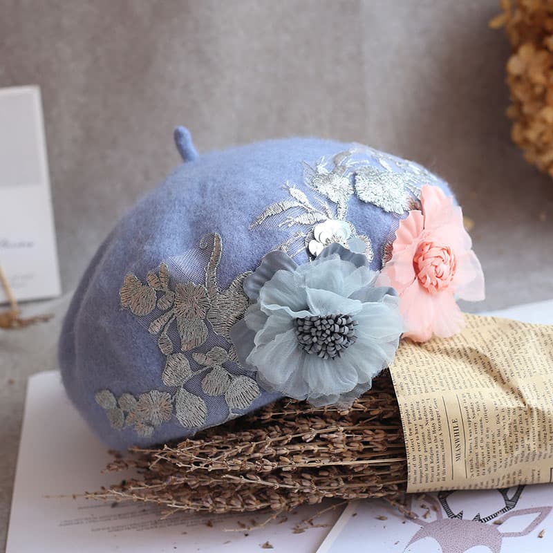 ベレー帽 花飾りレース刺繍ベレー帽