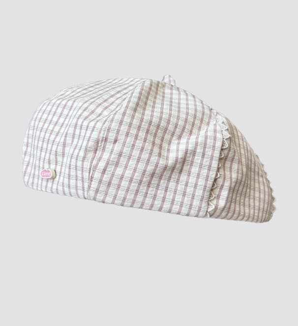 ベレー帽 チェック柄レース飾りベレー帽