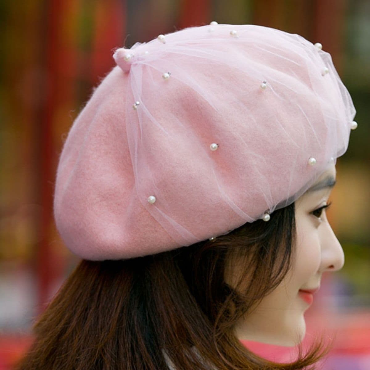 ベレー帽 レースチュール付きパールビジューベレー帽