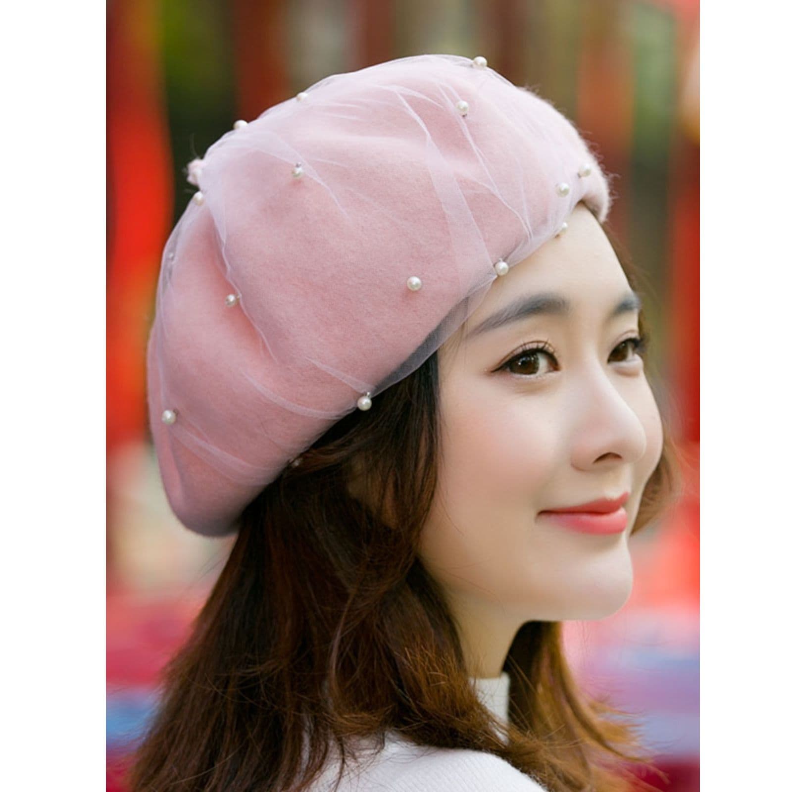 ベレー帽 レースチュール付きパールビジューベレー帽