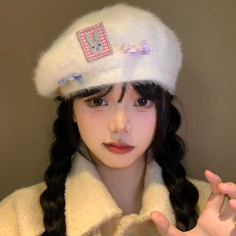 うさぎワッペン付きふわもこベレー帽