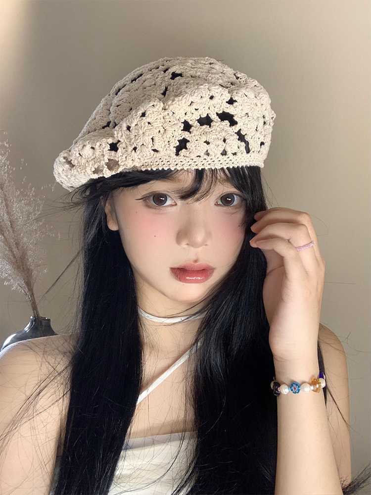ベレー帽　花柄レース編みベレー帽