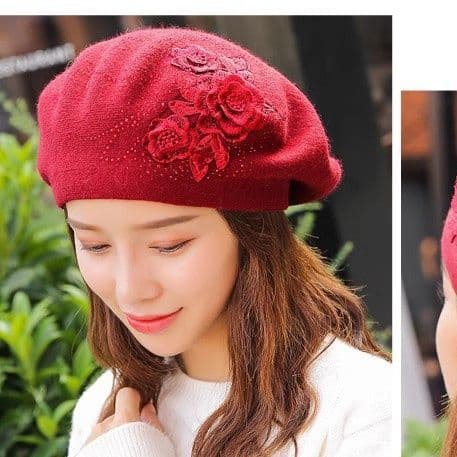  花柄刺繍入り上品ウール素材ベレー帽