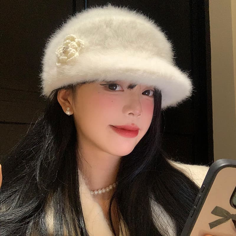 ふわもこ花飾り付きボアベレー帽