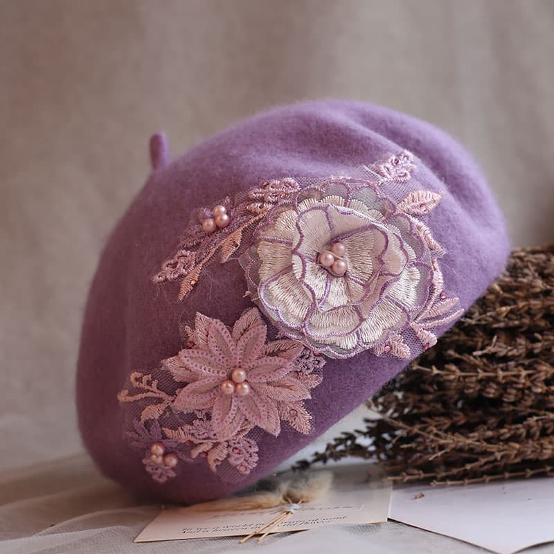 ベレー帽 花刺繍レースベレー帽