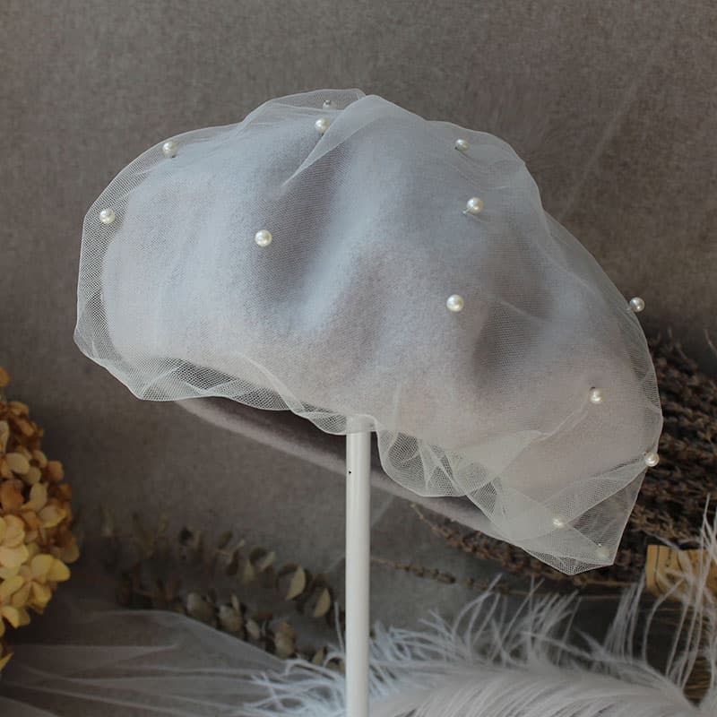 ベレー帽 レースチュール付きパールビジューベレー帽