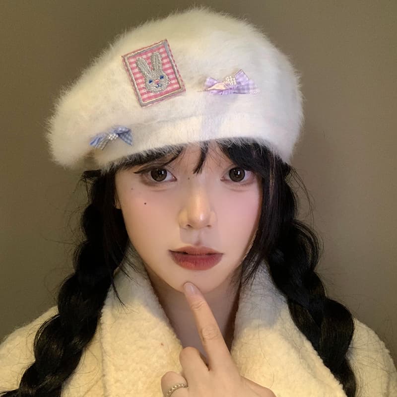 うさぎワッペン付きふわもこベレー帽