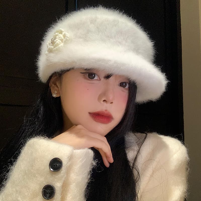 ふわもこ花飾り付きボアベレー帽