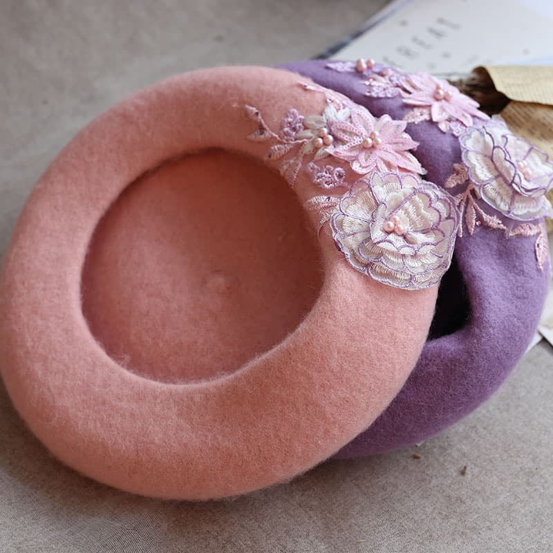 ベレー帽 花刺繍レースベレー帽