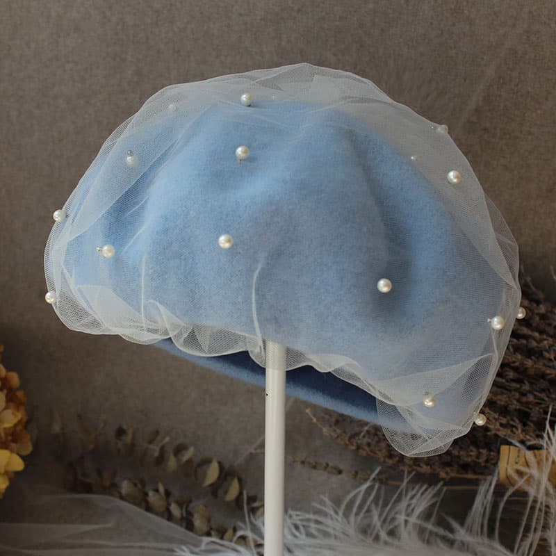 ベレー帽 レースチュール付きパールビジューベレー帽