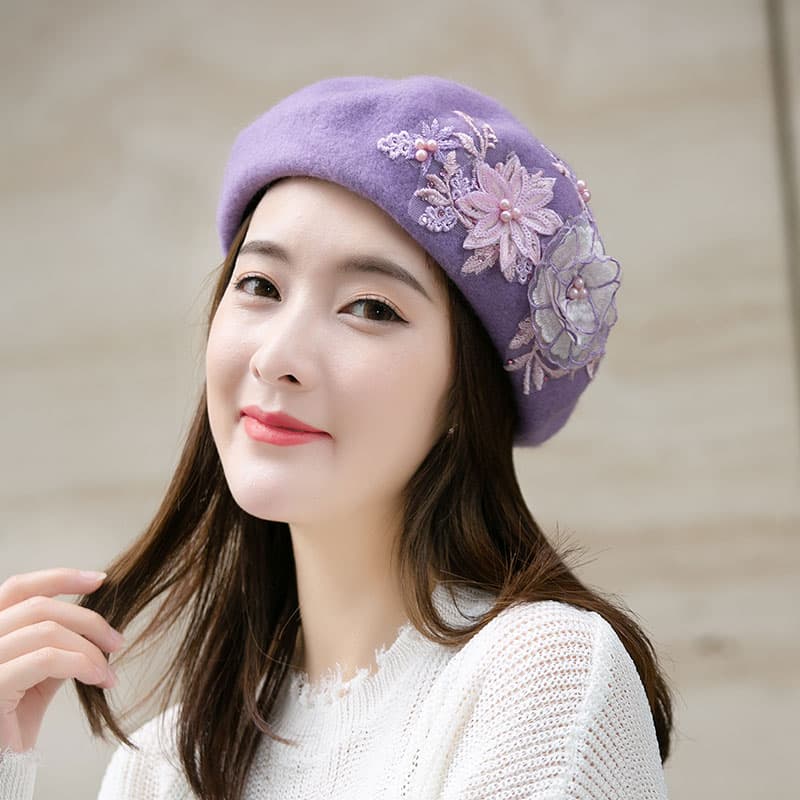 ベレー帽 花刺繍レースベレー帽