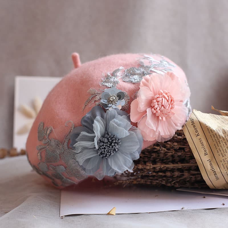 ベレー帽 花飾りレース刺繍ベレー帽