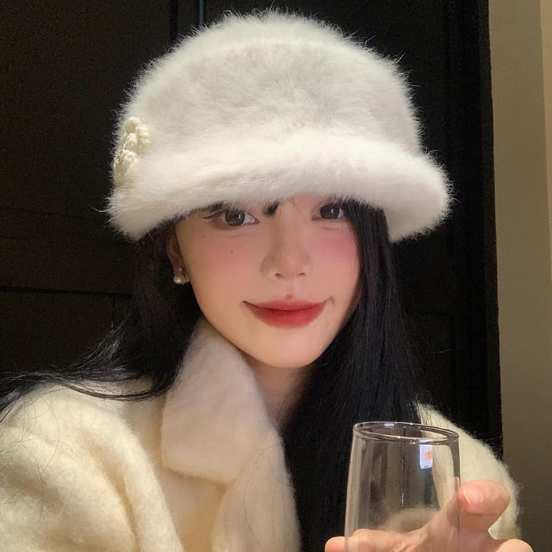 ふわもこ花飾り付きボアベレー帽