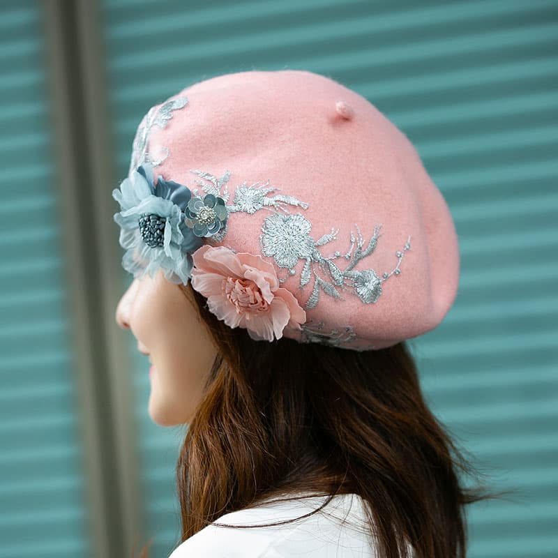 ベレー帽 花飾りレース刺繍ベレー帽