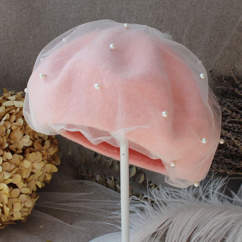 ベレー帽 レースチュール付きパールビジューベレー帽