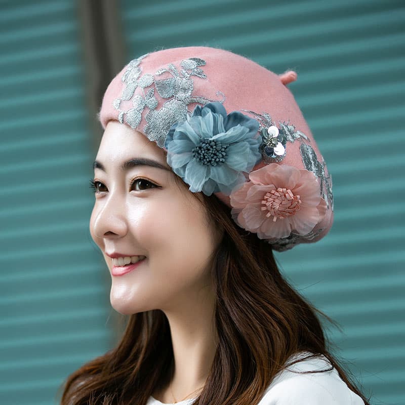 ベレー帽 花飾りレース刺繍ベレー帽
