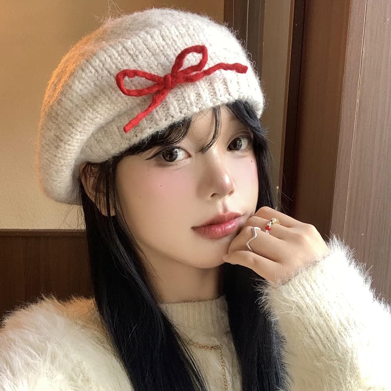 ベレー帽 リボン付きあったかベレー