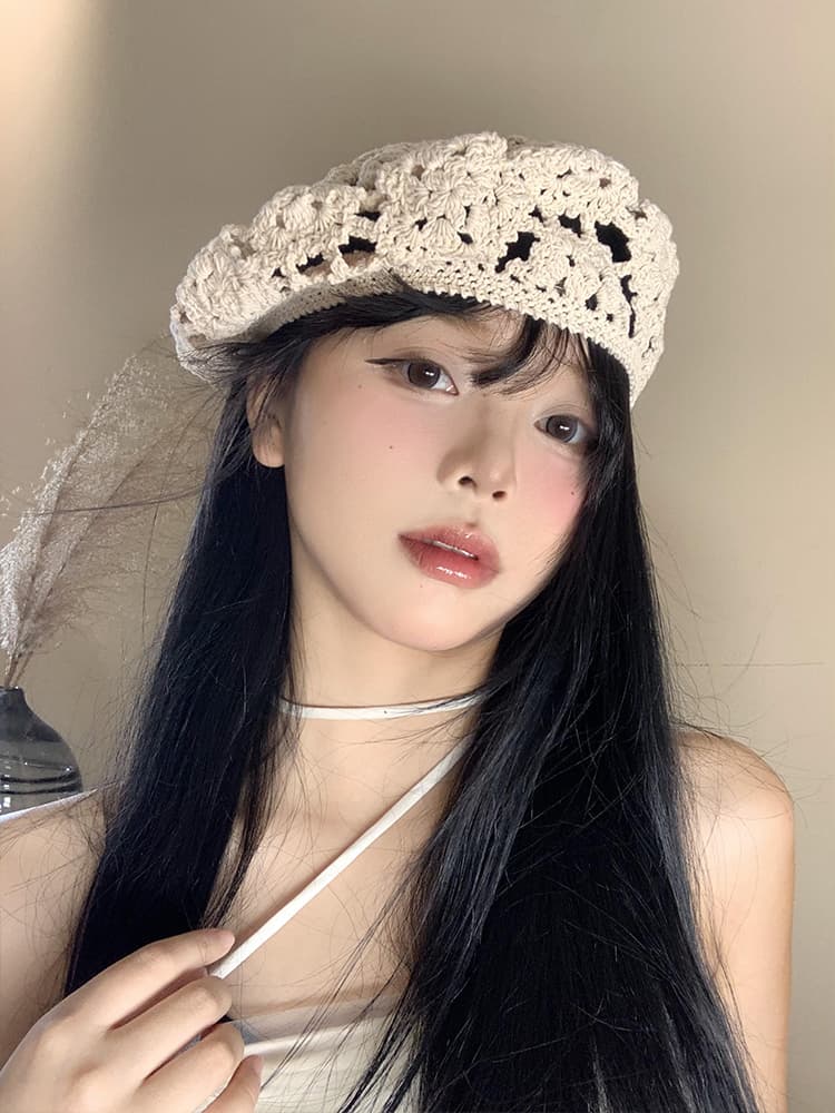 ベレー帽　花柄レース編みベレー帽