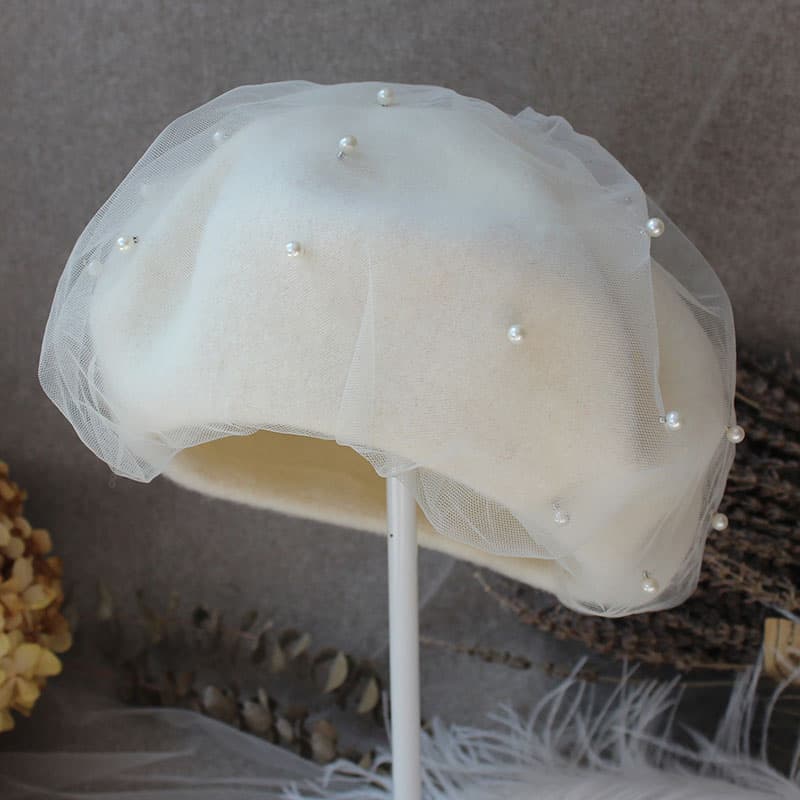 ベレー帽 レースチュール付きパールビジューベレー帽
