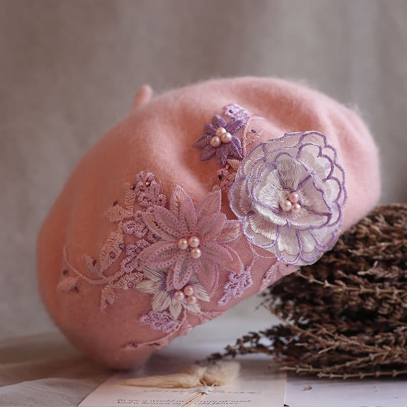 ベレー帽 花刺繍レースベレー帽