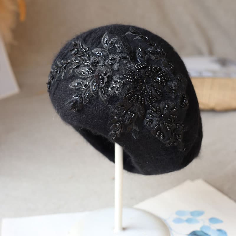 ベレー帽 フラワー刺繍ボアベレー帽