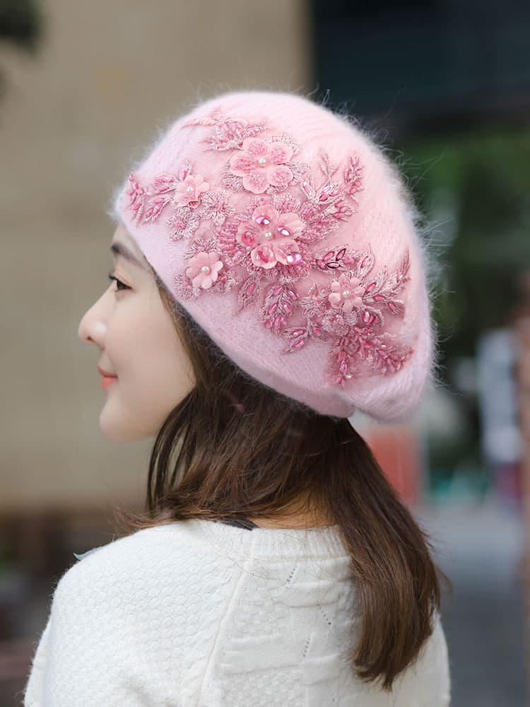 ベレー帽 フラワー刺繍ボアベレー帽