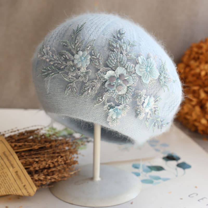 ベレー帽 フラワー刺繍ボアベレー帽