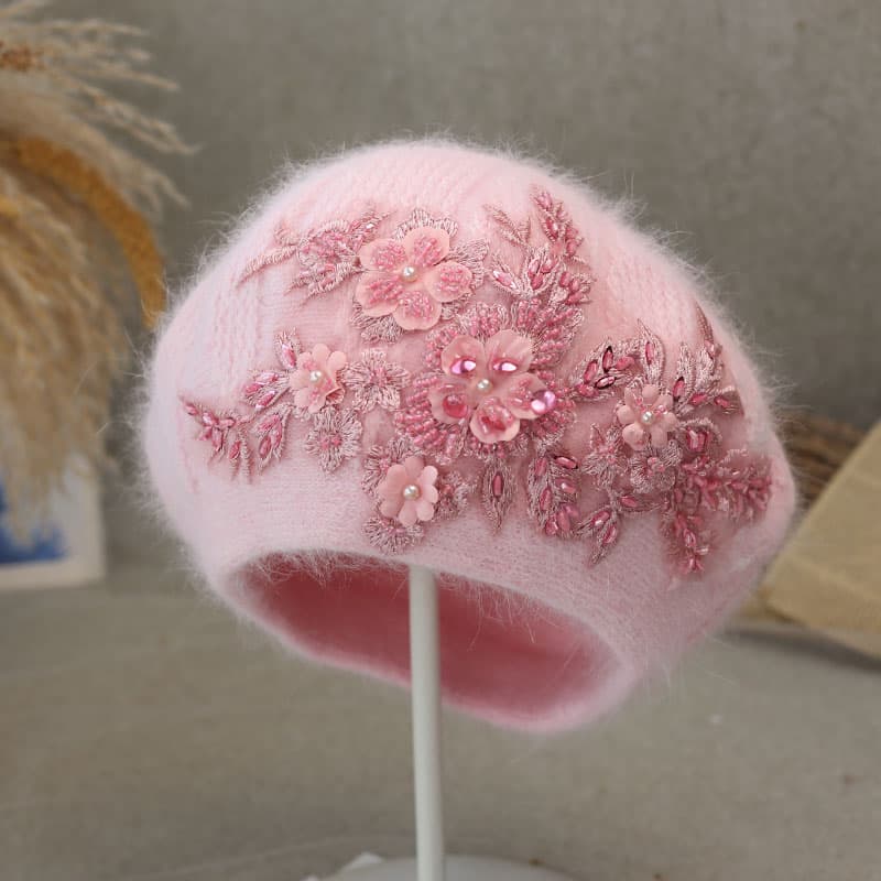 ベレー帽 フラワー刺繍ボアベレー帽